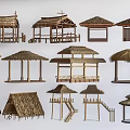 Traditional Wooden Houses With Thatch Roofs And Various Architectural Designs