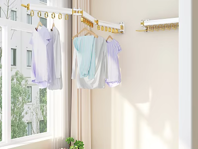 Wall Mounted Clothes Hanger With Light Colored Shirts Hanging Near Window In Sunlight 3d model