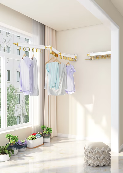 Wall Mounted Clothes Hanger With Light Colored Shirts Hanging Near Window In Sunlight 3d model