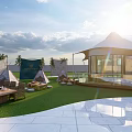 Scenic Camping Camp With Green Lawn Teepee Tents And Winding White Paths