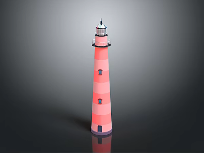 Pink And White Striped Lighthouse With Black Top Door On Gray Background With Reflection 3d model