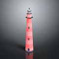Pink And White Striped Lighthouse With Black Top Door On Gray Background With Reflection