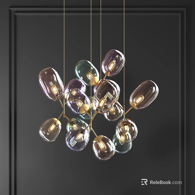 Modern Unique Glass Chandelier With Multiple Colorful Oval Bulbs And Gold Metal Frame 3d model 