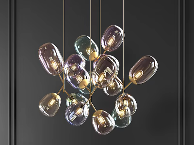 Modern Unique Glass Chandelier With Multiple Colorful Oval Bulbs And Gold Metal Frame 3d model