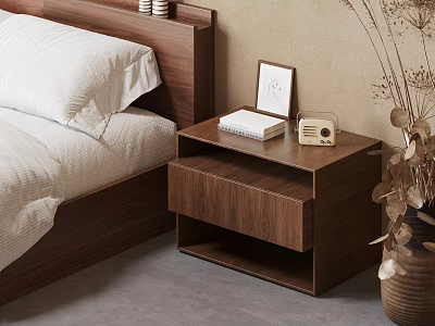 Wooden Nightstand With Drawer And Top Book Photo Frame Radio In Bedroom 3d model