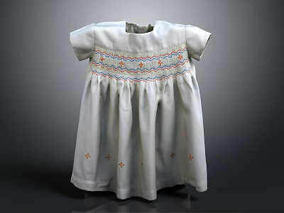 White Dress With Short Sleeves Colorful Neckline Embroidery Pleated Skirt And Star Patterns On Hem 3d model