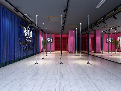 Pole Dance Fitness Studio With Pink Walls Blue Curtains And Mirrors 3d model