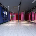 Pole Dance Fitness Studio With Pink Walls Blue Curtains And Mirrors