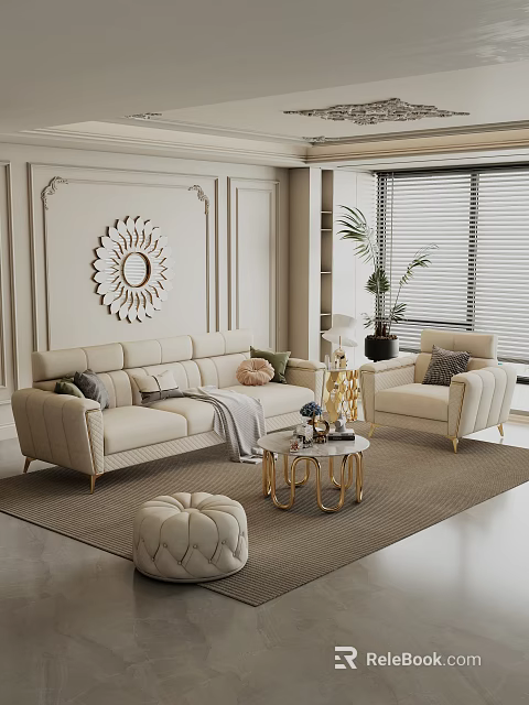 Elegant Modern Living Room Interior Design With Beige Sofa Armchair And Decorative Mirror 3d model 