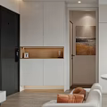 Modern Apartment Interior With Open Living Kitchen White Cabinets Round Table Orange Chairs Pendant Light