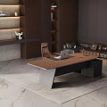 Modern Office Desk With Wooden Top Laptop Desk Lamp And Dark Wooden Bookshelves