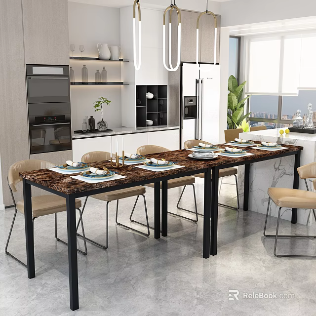 Modern Restaurant Interior With Long Marble Dining Table Chairs Open Kitchen And Window View 3d model 