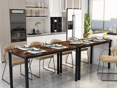 Modern Restaurant Interior With Long Marble Dining Table Chairs Open Kitchen And Window View 3d model