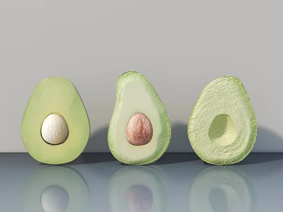 Three Fresh Sliced Avocado Halves Displayed on a Gray Surface 3d model