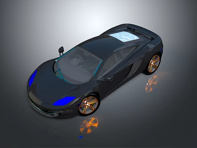 Black Sports Car with Blue Headlights Gold Wheels Solar Panel Roof Reflection on Dark Surface 3d model