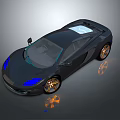 Black Sports Car with Blue Headlights Gold Wheels Solar Panel Roof Reflection on Dark Surface