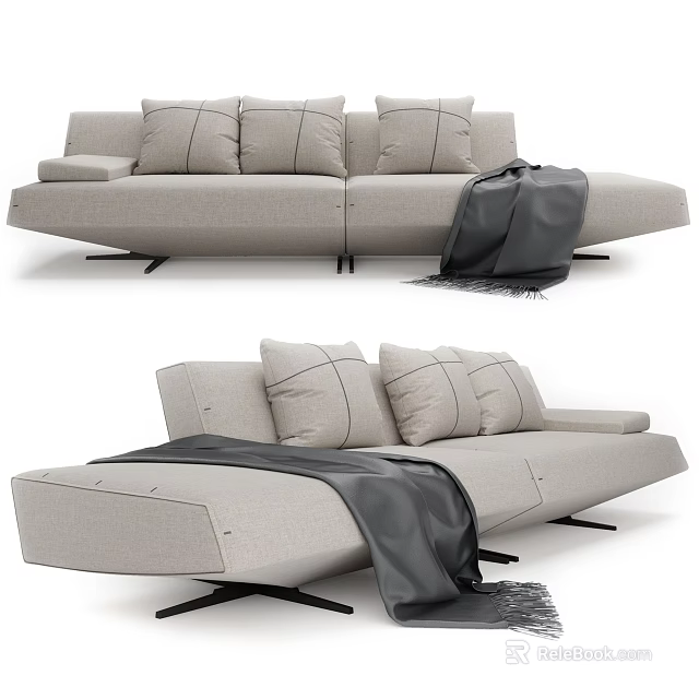 Light Colored Sectional Sofa With Cushions Throw Blanket And Black Legs Modern Design 3d model