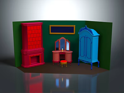 Cartoon Room Scene With Red Brick Fireplace Wooden Dressing Table Blue Cabinet And Green Background 3d model