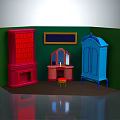 Cartoon Room Scene With Red Brick Fireplace Wooden Dressing Table Blue Cabinet And Green Background
