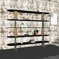 Modern Black Storage Shelf With Multiple Tiers Wooden Supports And Decorative Items