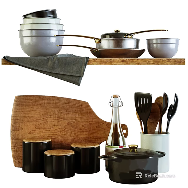 Complete Kitchenware Collection With Pots Pans Bowls Wooden Cutting Board And Utensils On Shelf 3d model 
