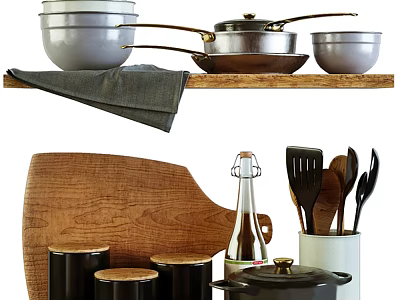 Complete Kitchenware Collection With Pots Pans Bowls Wooden Cutting Board And Utensils On Shelf 3d model