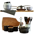 Complete Kitchenware Collection With Pots Pans Bowls Wooden Cutting Board And Utensils On Shelf