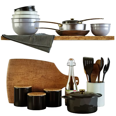 Complete Kitchenware Collection With Pots Pans Bowls Wooden Cutting Board And Utensils On Shelf 3d model