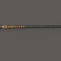 Ornate Curved Blade Weapon With Golden Decoration Red Gem And Black Textured Pole