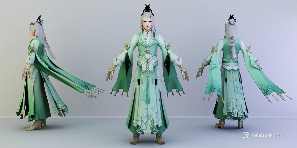 Game and Movie Character Wearing Green White Traditional Robe With Ornate Hairpiece and Flowing Sashes 3d model 