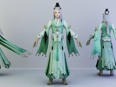 Game and Movie Character Wearing Green White Traditional Robe With Ornate Hairpiece and Flowing Sashes 3d model