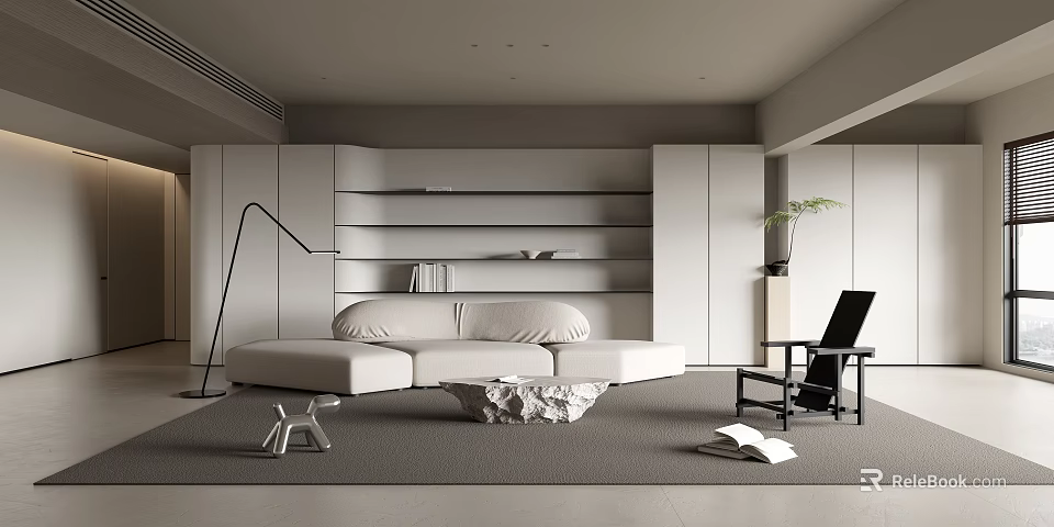 Elegant Modern Living Room Interior With White Sofa Open Shelves Floor Lamp And Black Chair 3d model 