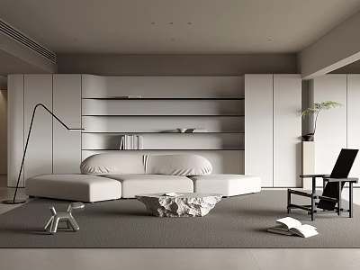 Elegant Modern Living Room Interior With White Sofa Open Shelves Floor Lamp And Black Chair 3d model