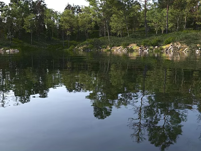 Serene Park Landscape With Calm Lake Tree Reflections On Water Lush Shore Trees And Grass 3d model