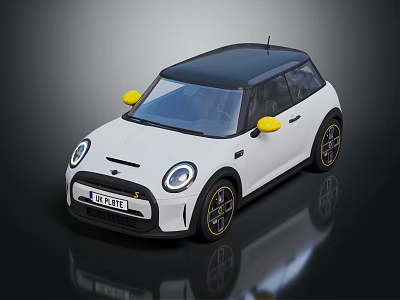 White Compact Car With Black Roof Yellow Side Mirrors And Black Wheels 3d model