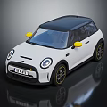 White Compact Car With Black Roof Yellow Side Mirrors And Black Wheels