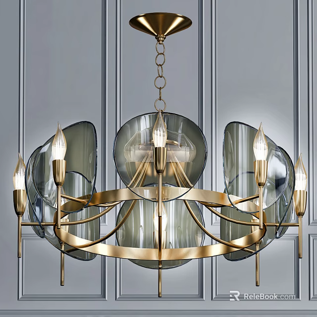 Elegant Modern Chandelier With Gold Metal Frame Glass Shades And Hanging Chain 3d model 