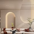 Modern Living Room Interior Design With Beige Sofa Arched Lighting Green Plants And Area Rug
