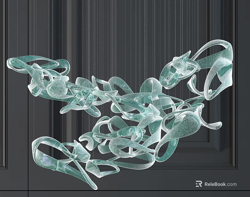 Modern Transparent Crystal Chandelier With Ribbon Like Wave Shaped Flowing Design On Dark Wall 3d model 