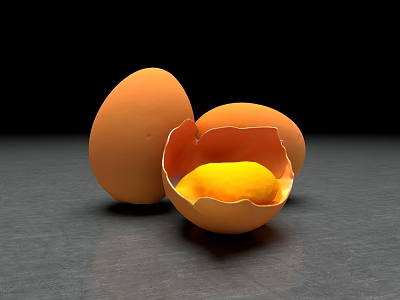 Fresh Chicken Eggs With One Cracked Shell And Exposed Yolk On Gray Surface 3d model