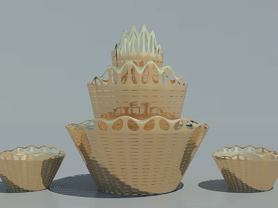 Golden Woven Baskets With Intricate Cutout Design In Stacked Arrangement And Various Sizes 3d model