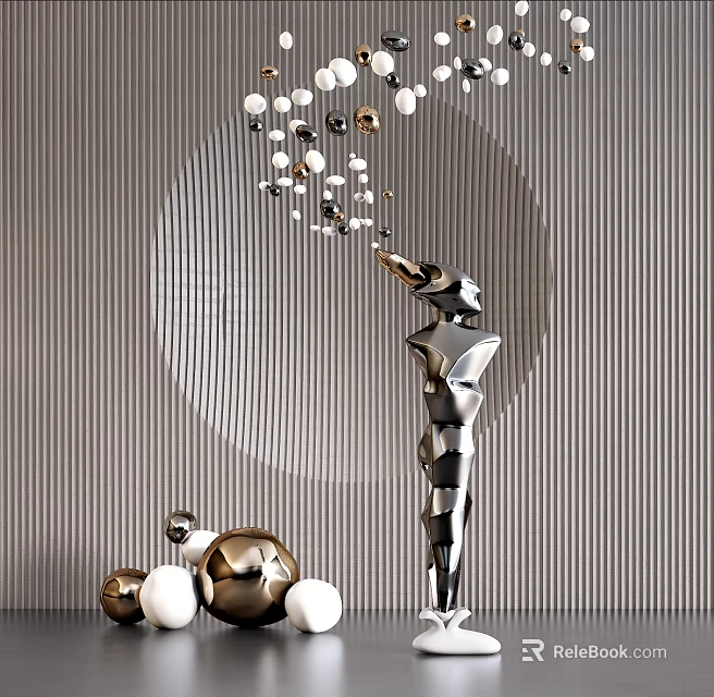 Modern Abstract Metallic Sculpture with Geometric Design and Spherical Decorations on Striped Wall 3d model 