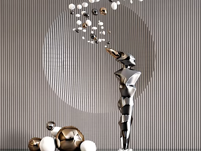 Modern Abstract Metallic Sculpture with Geometric Design and Spherical Decorations on Striped Wall 3d model