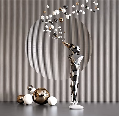 Modern Abstract Metallic Sculpture with Geometric Design and Spherical Decorations on Striped Wall 3d model