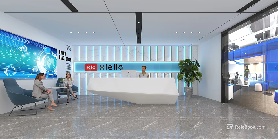 Elegant Modern Hotel Lobby With White Reception Desk Marble Floor And Potted Plant 3d model 