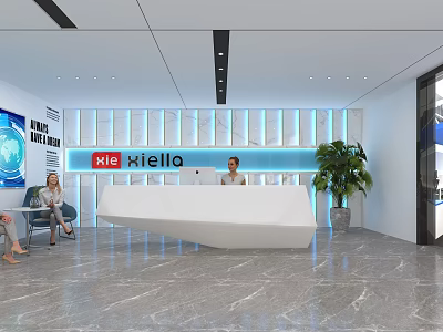 Elegant Modern Hotel Lobby With White Reception Desk Marble Floor And Potted Plant 3d model