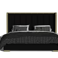 Modern Double Bed With Black Leather Headboard Gold Frame And Gray Bedding 3d model