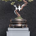 Elegant Bonsai Plant Curved Trunk Lush Leaves Bronze Pot On White Pedestal Dark Brick Wall