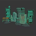 Decorative Scene Components With Bookshelves Stone Statues Stone Stacks And Wooden Bench