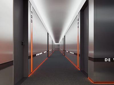 Hotel Corridor Interior Design With Gray Walls Orange Accent Strips Carpeted Floor And Bright Ceiling Lighting 3d model